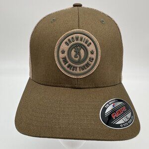 Browning Dusted Circle Patch Logo FlexFit Meshback Trucker Cap, Size L/XL, Brown